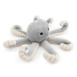 A plush octopus toy with a soft gray body and cream-colored tentacles, featuring embroidered black eyes and a small smile on a plain white background.