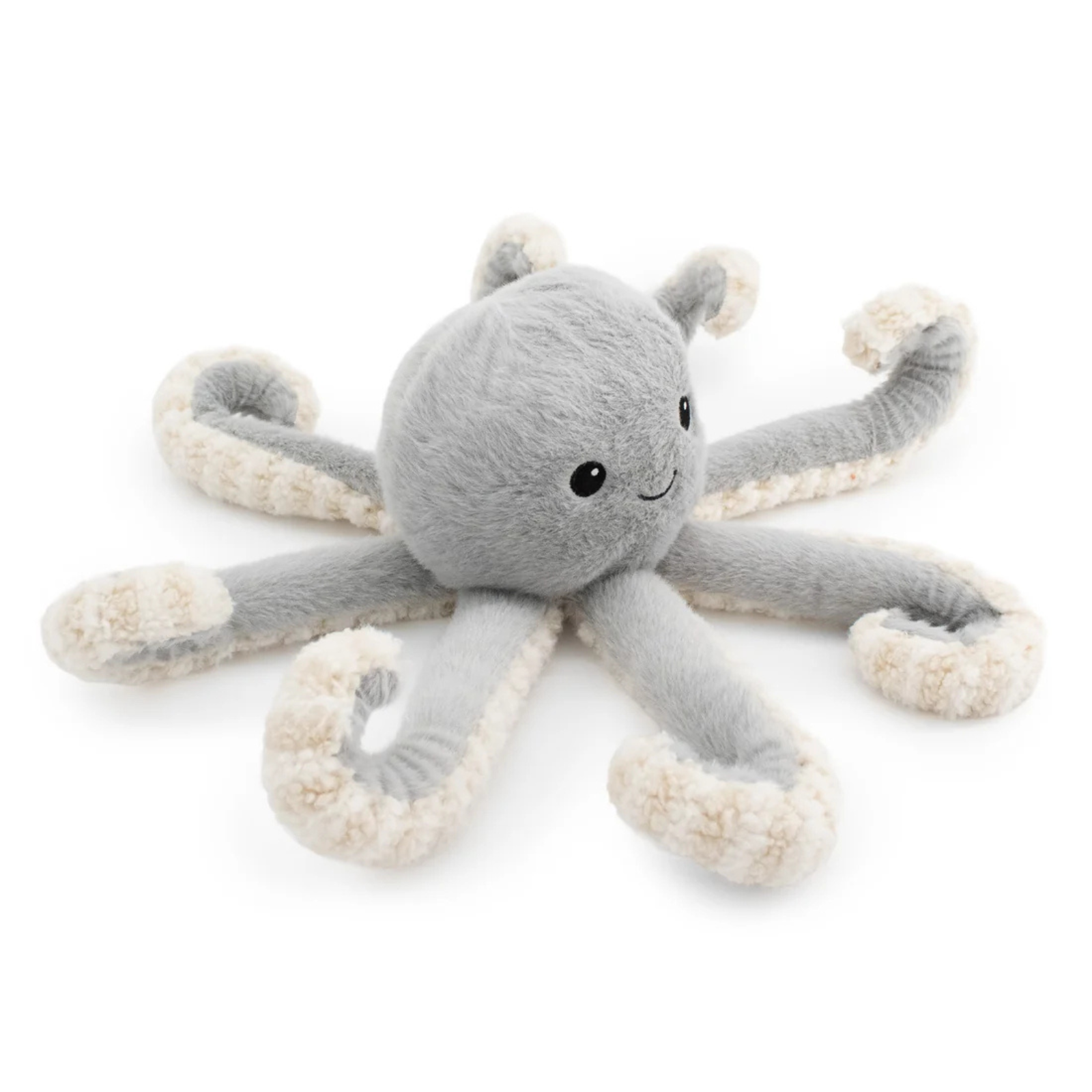 A plush octopus toy with a soft gray body and cream-colored tentacles, featuring embroidered black eyes and a small smile on a plain white background.