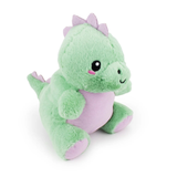 Green plush dinosaur toy with purple accents on a white background