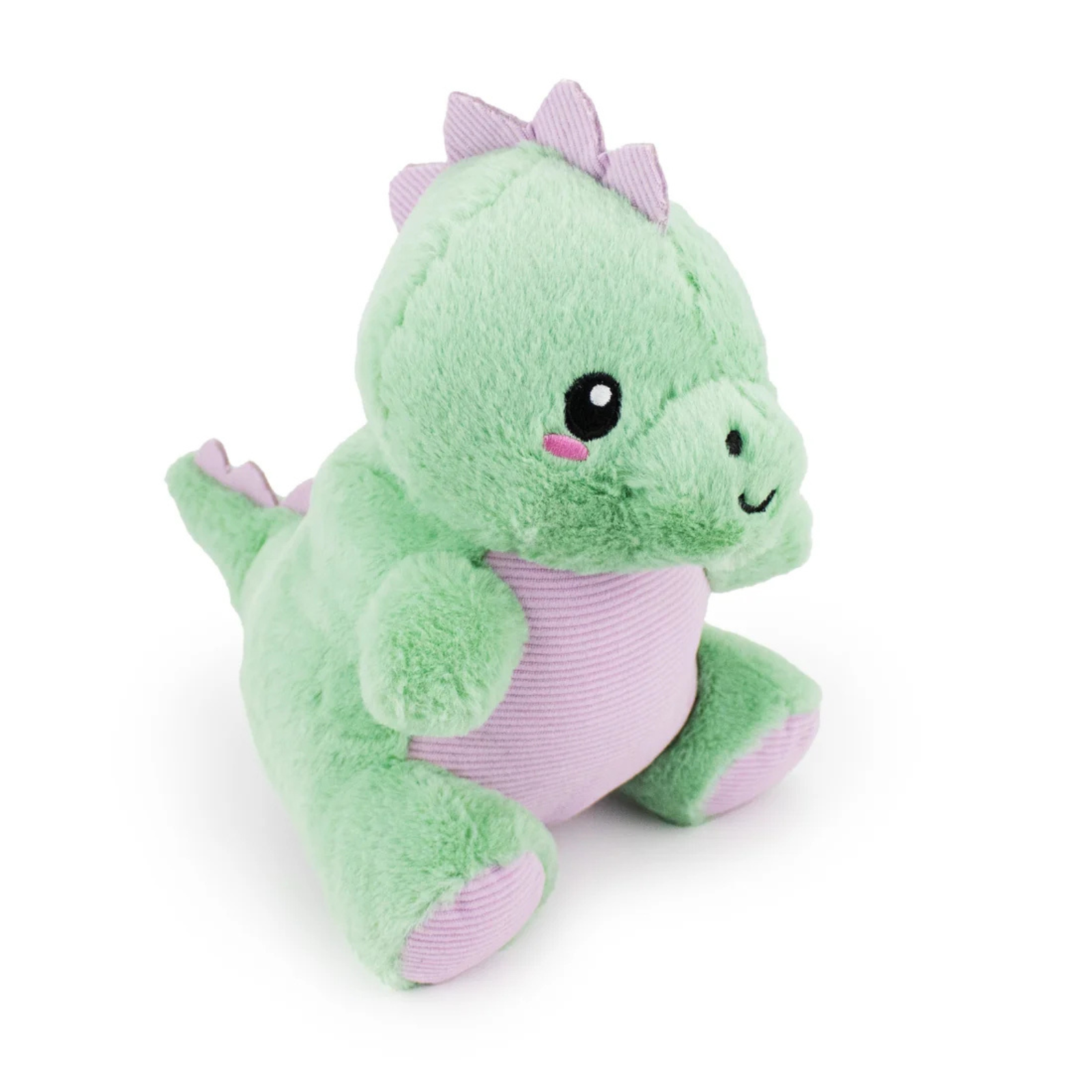 Green plush dinosaur toy with purple accents on a white background