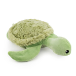 A plush sea turtle toy in shades of light green, featuring a textured fuzzy shell and smooth fabric head and flippers, with a small black bead eye, shown on a plain white background.