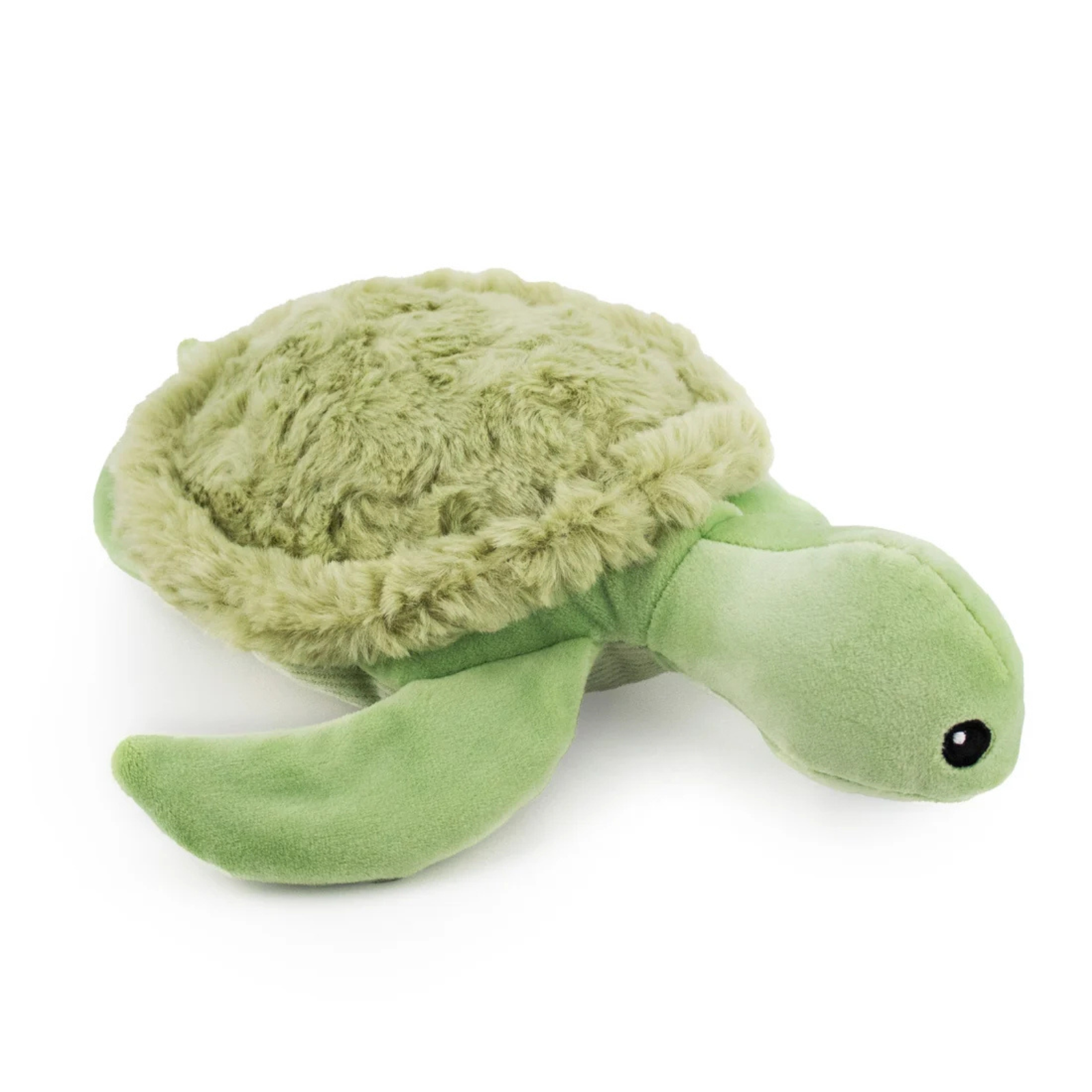 A plush sea turtle toy in shades of light green, featuring a textured fuzzy shell and smooth fabric head and flippers, with a small black bead eye, shown on a plain white background.