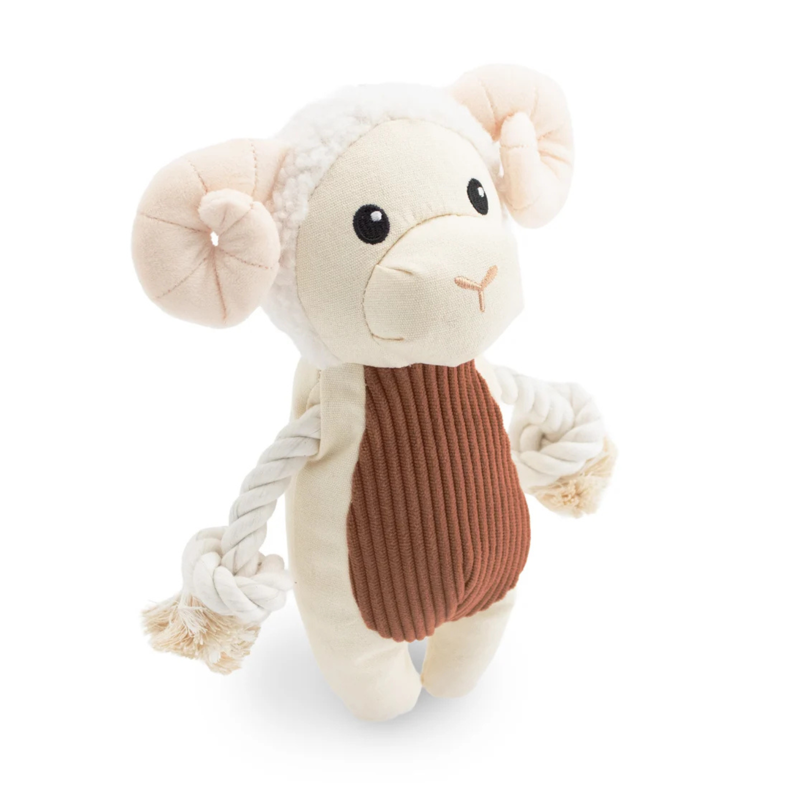 A plush sheep dog toy with cream-colored plush fabric, a brown corduroy chest panel, and a braided rope tail, shown on a white background.