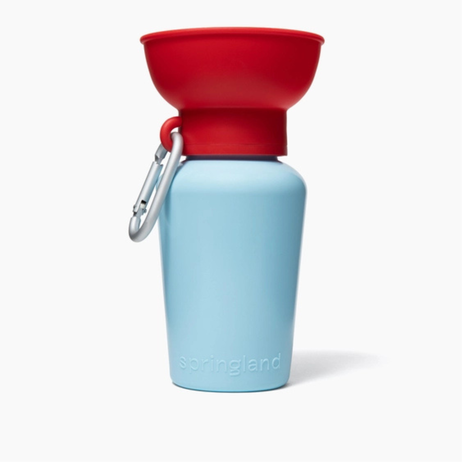 Blue water bottle with red funnel lid on a white background