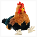 A plush toy rooster with fluffy brown and orange feathers, a bright red comb, a yellow beak, dark teal wings, and cream-colored feet, photographed on a plain white background.