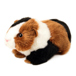 A plush guinea pig toy with realistic brown, white, and black fur, featuring a pink nose and large dark eyes, photographed on a solid white background.