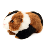 A plush guinea pig toy with realistic brown, white, and black fur, featuring a pink nose and large dark eyes, photographed on a solid white background.