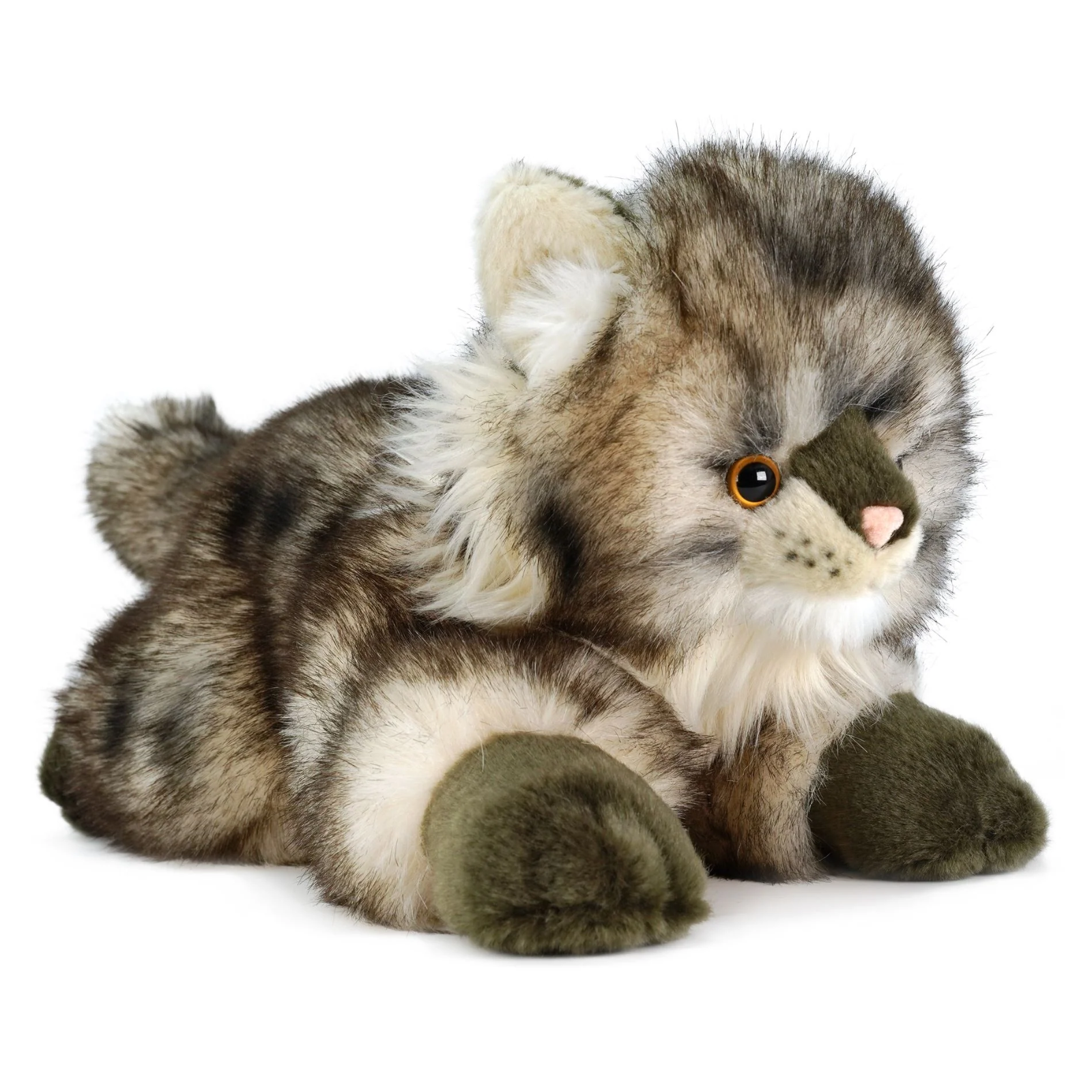 A realistic plush toy of a gray and brown spotted cat, lying down on a solid white background.