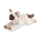 A plush toy cat posed in a lying position, featuring cream-colored fur with brown patches on its ears, face, paws, and tail, and large blue eyes, set against a plain white background.