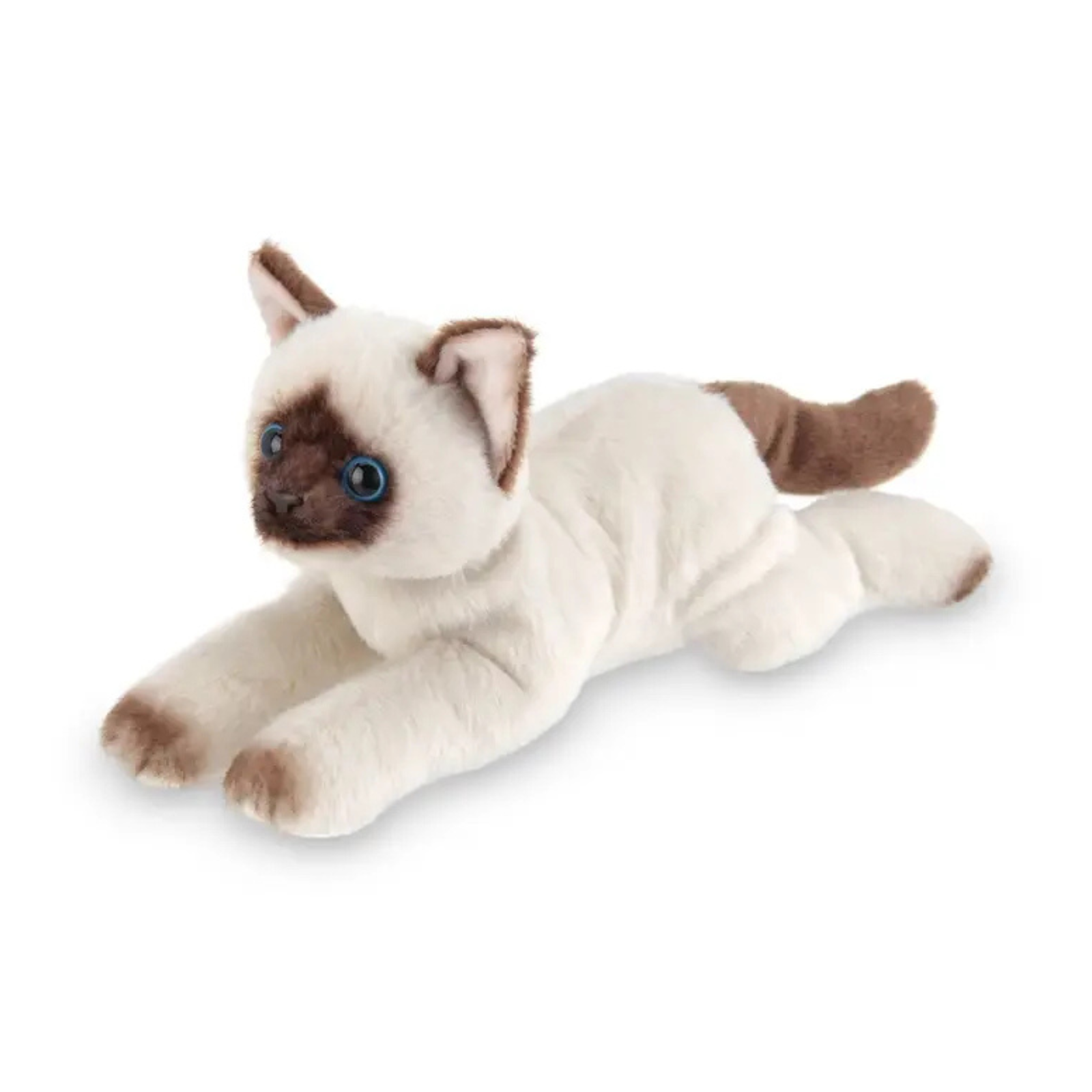 A plush toy cat posed in a lying position, featuring cream-colored fur with brown patches on its ears, face, paws, and tail, and large blue eyes, set against a plain white background.