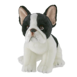 A black and white French Bulldog plush toy sitting on a solid white background.