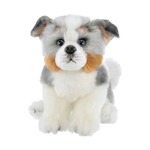 A plush toy dog with fluffy white, gray, and tan fur, sitting against a plain white background.