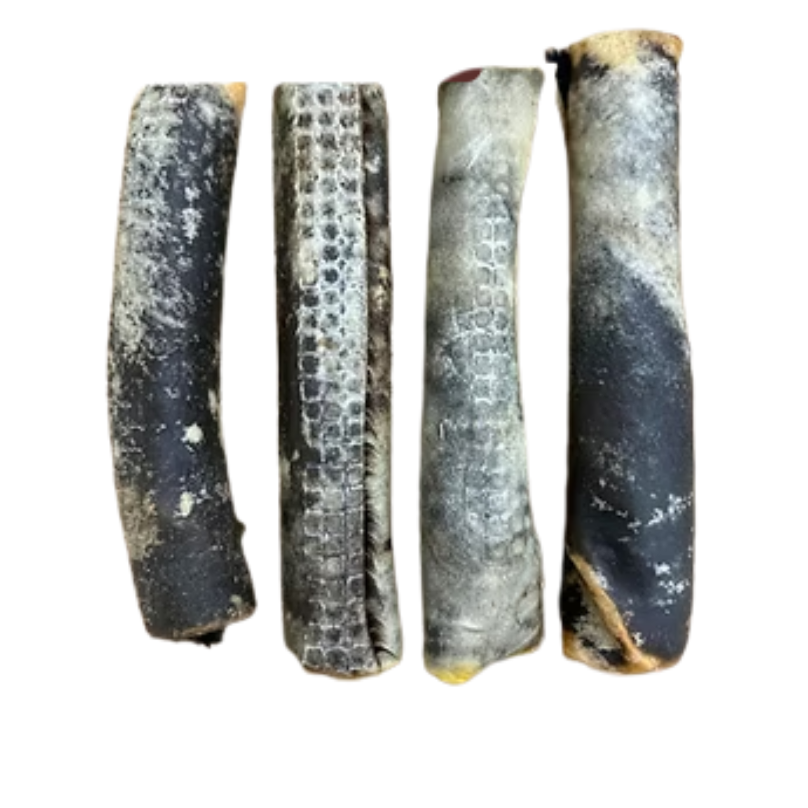 Four textured cylindrical pieces with dark gray, black, and silver tones, arranged vertically on a plain white background.