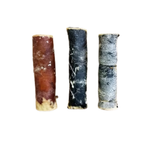 Three cylindrical ceramic tiles or candle-like objects with natural stone textures in brown, black, and gray, arranged vertically on a plain white background.