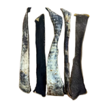 Five natural animal bones or horns with textured, weathered surfaces in black, gray, and off-white, arranged vertically on a plain white background.
