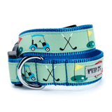 Dog collar with golf-themed design on a white background