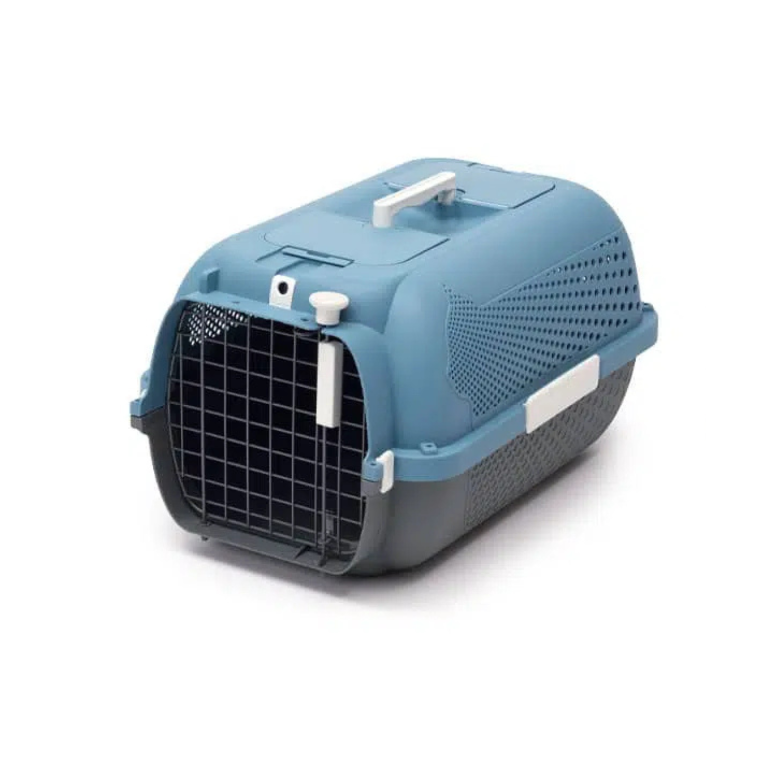 A blue and dark gray pet carrier with a white handle and ventilation holes, shown on a plain white background.