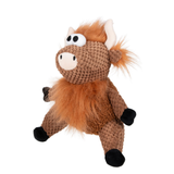 A plush toy shaped like a horned animal, made from brown textured corduroy-like fabric with fluffy orange-brown hair on its head and back, black hooves and paw details, and white eyes and horns, photographed on a plain white background.