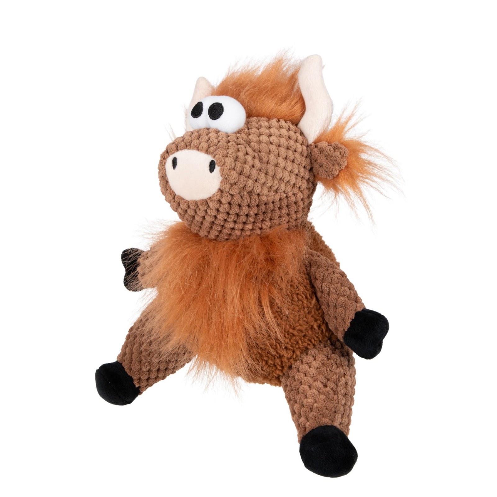 A plush toy shaped like a horned animal, made from brown textured corduroy-like fabric with fluffy orange-brown hair on its head and back, black hooves and paw details, and white eyes and horns, photographed on a plain white background.