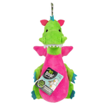 A plush dragon dog toy in bright green and pink with blue accents, featuring a metal keyring at the top and a hang tag that reads 'go Dog!'.