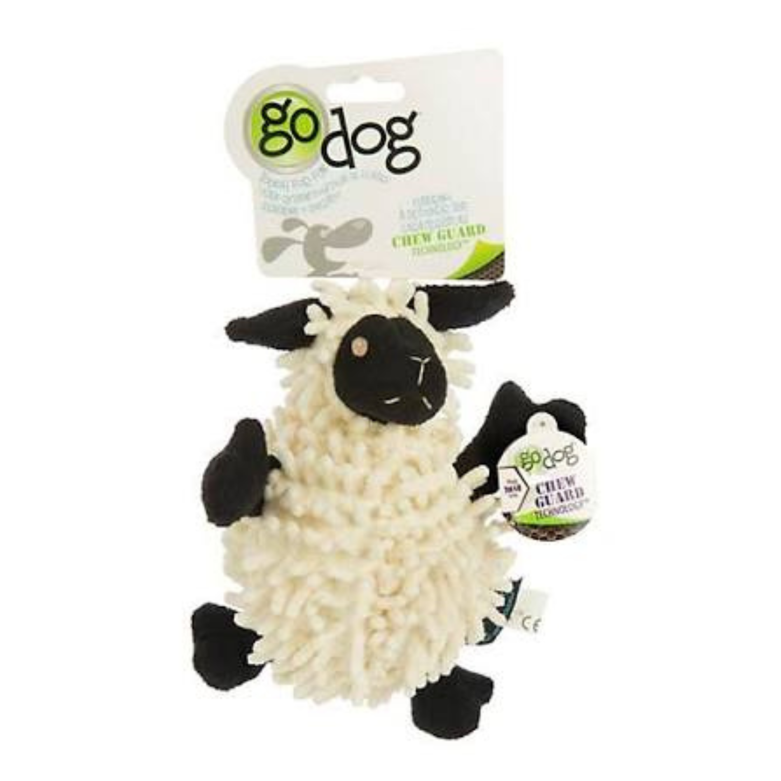 Go Dog Chew Guard sheep plush dog toy in its retail packaging, featuring a shaggy off-white fleece body with black face, ears, and paws, and a hanging product tag.