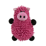 A pink pig-shaped pet toy with a textured, looped fabric body, black paws and feet, and a pink snout, photographed on a plain white background.