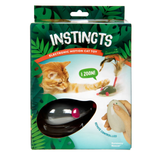Instincts Electronic Motion Cat Toy packaging box, featuring a black laser pointer toy and a white remote control, with an orange tabby cat and a hand demonstrating use.