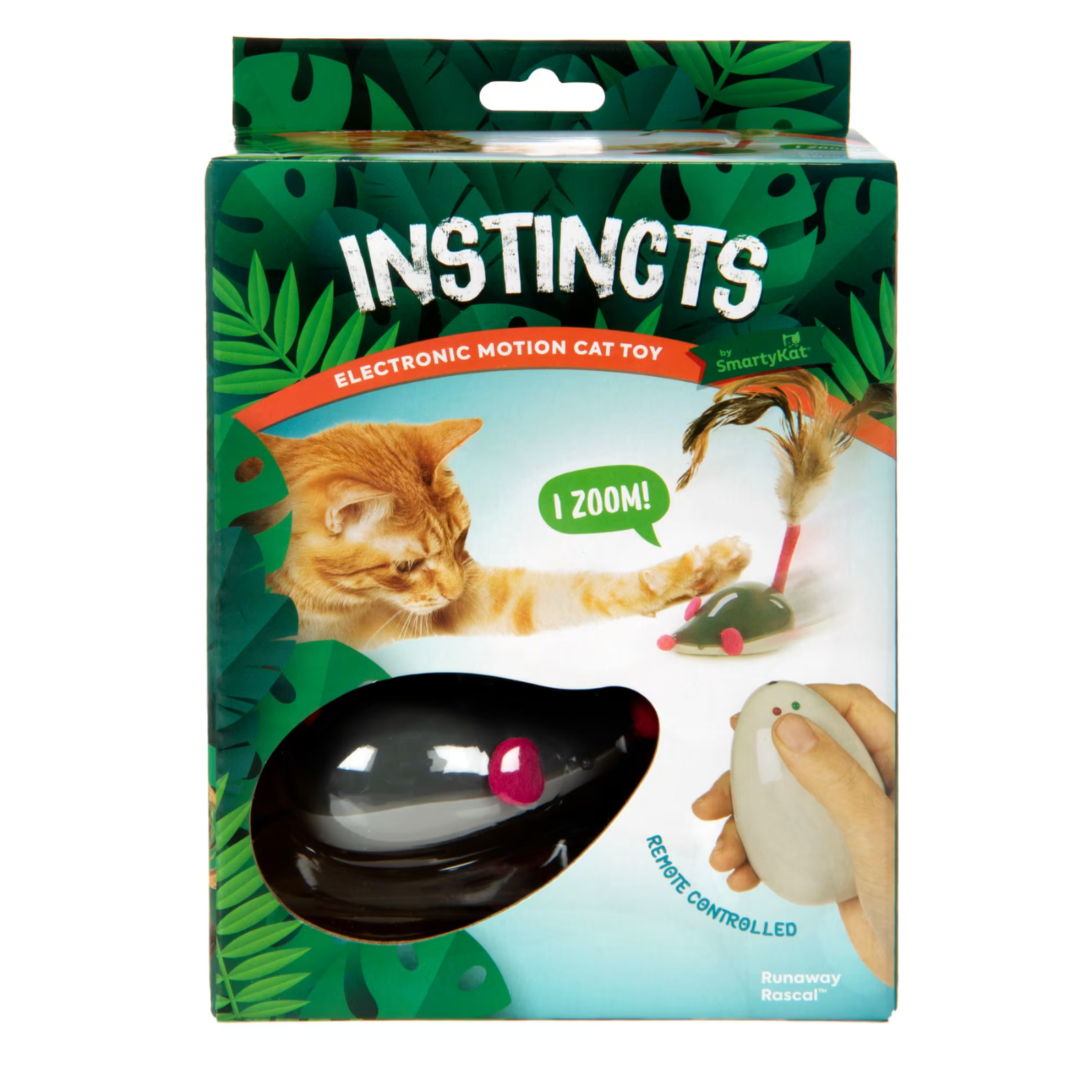 Instincts Electronic Motion Cat Toy packaging box, featuring a black laser pointer toy and a white remote control, with an orange tabby cat and a hand demonstrating use.