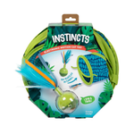 Instincts electronic motion cat toy in its original retail packaging, featuring a lime green ball, blue and turquoise feathers, and a green loop on a white background.