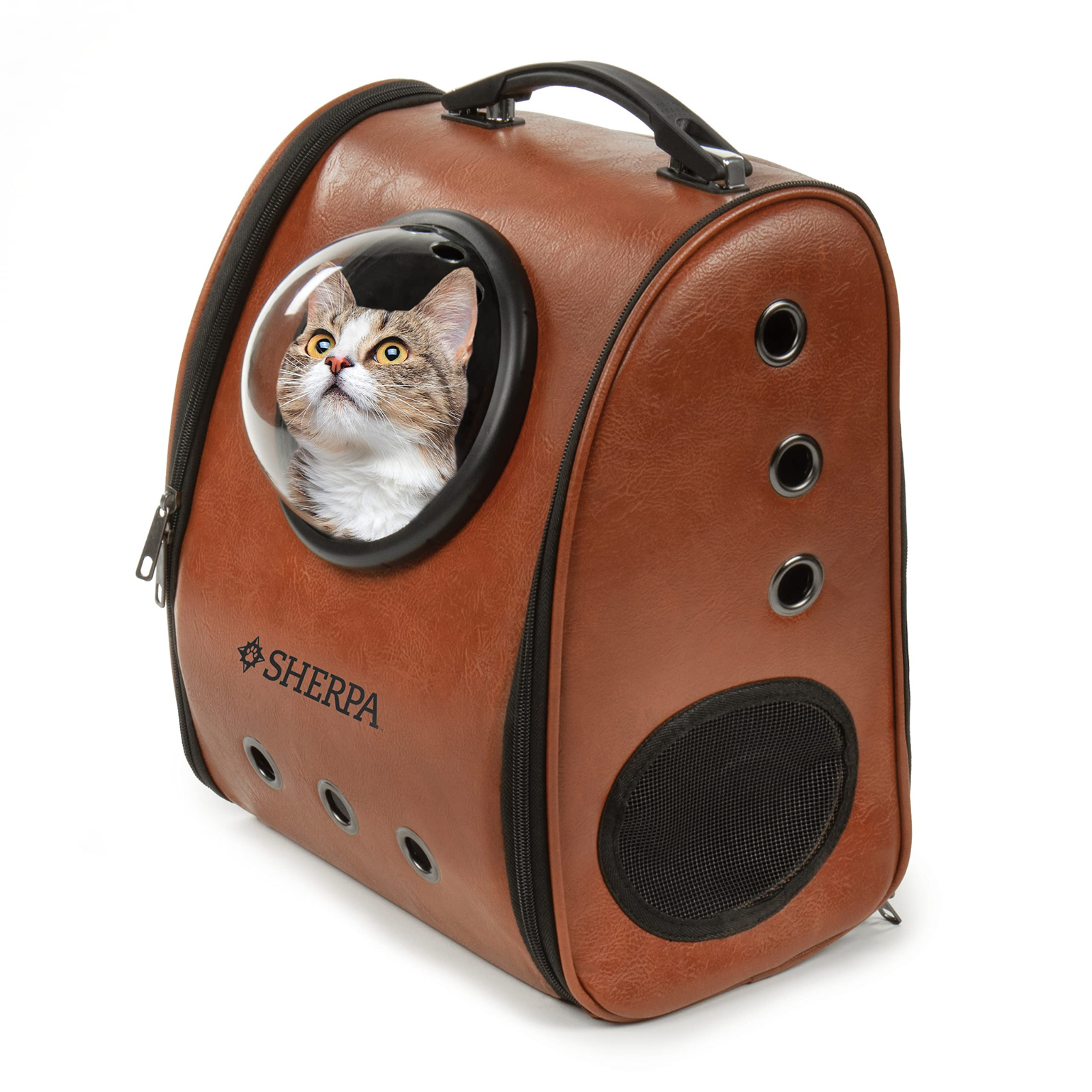 Brown pet carrier with a cat peeking out, featuring the Sherpa brand.