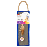 A cat claw toy package featuring a vertical scratching post with blue borders, a natural jute rope handle, a feather claw, and a cardboard header card labeled 'SmartyKits Clever Claws'.