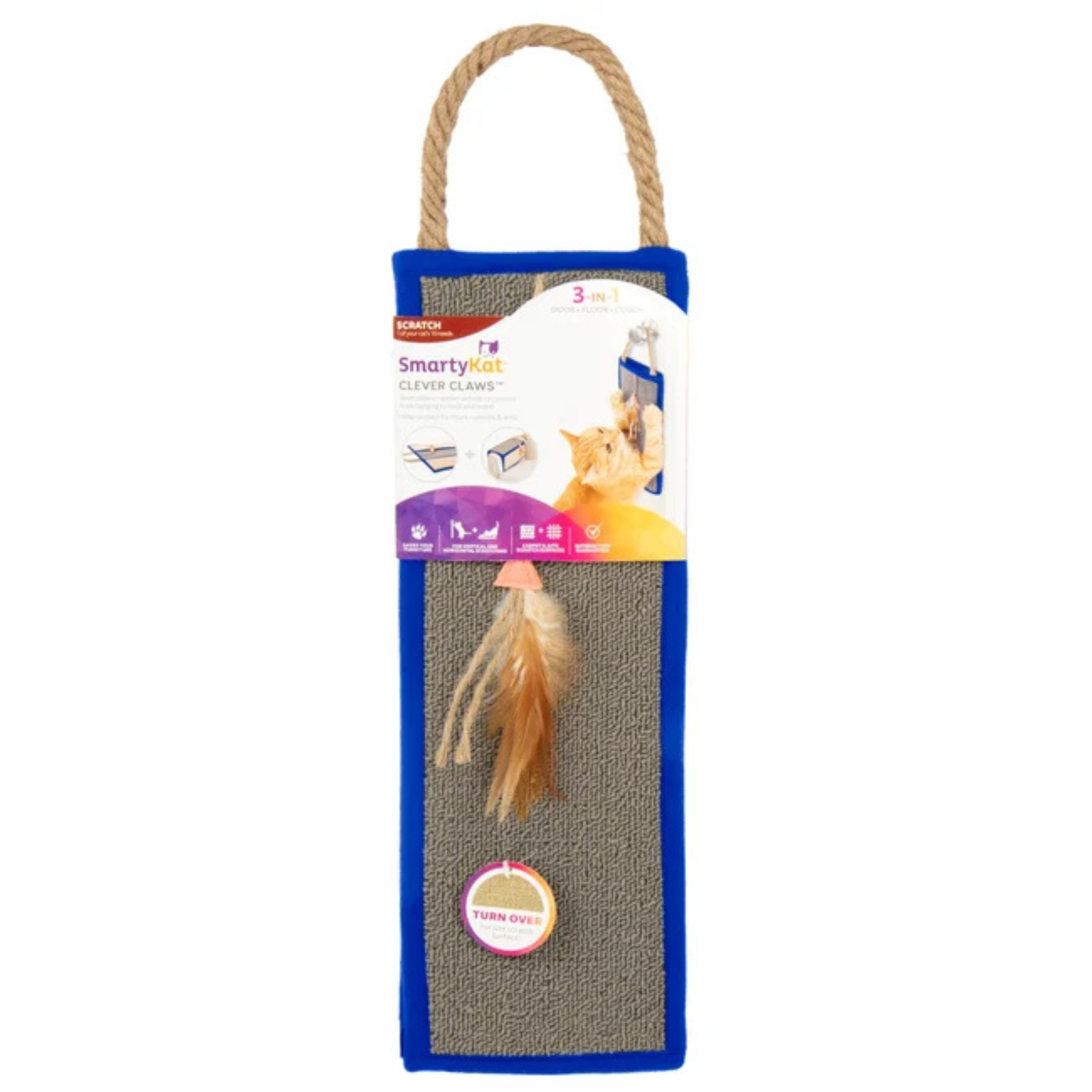 A cat claw toy package featuring a vertical scratching post with blue borders, a natural jute rope handle, a feather claw, and a cardboard header card labeled 'SmartyKits Clever Claws'.
