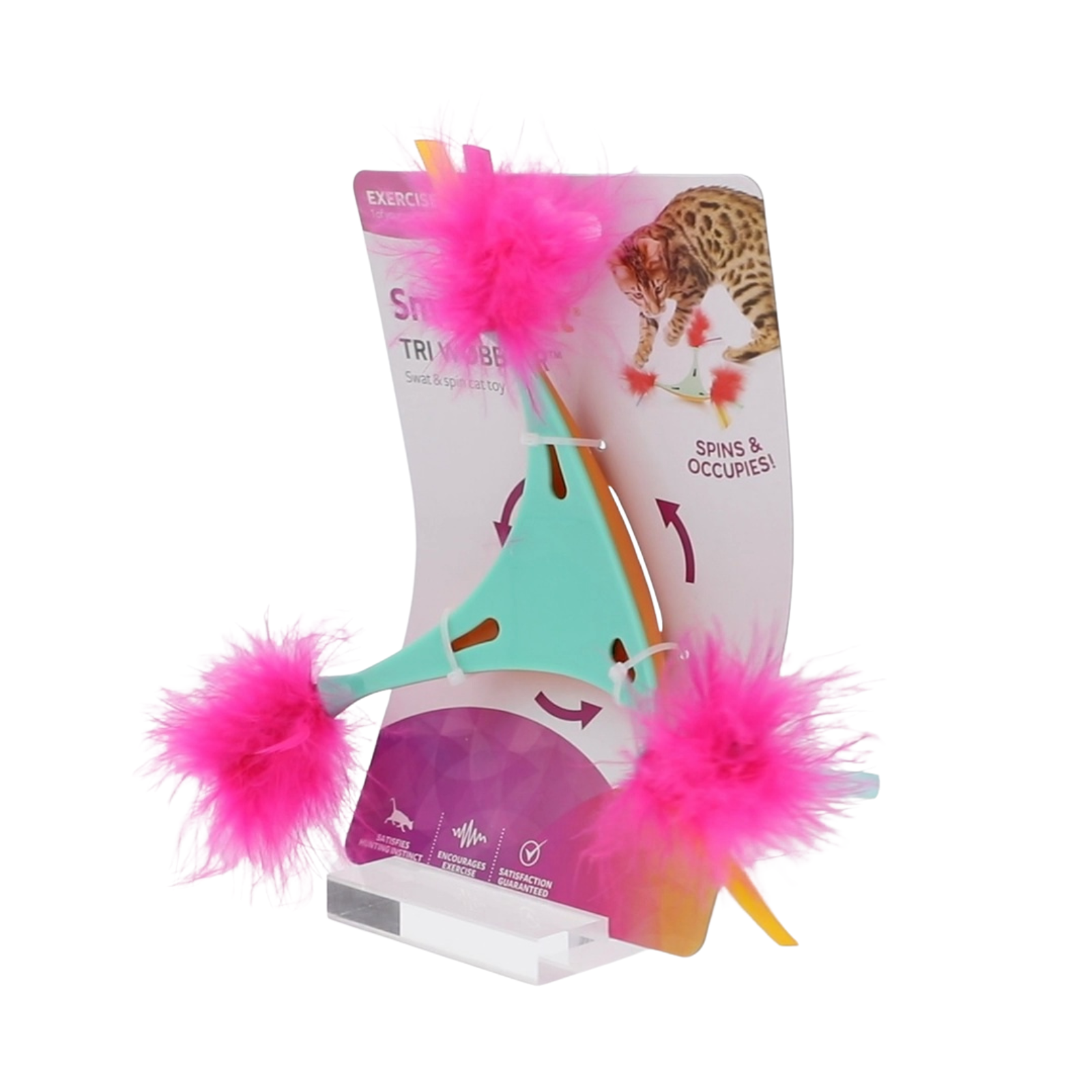 A cat toy with three bright pink feather pom-poms and a mint green triangular center section mounted on a clear plastic display stand. The product is shown with its retail backing card, which features a leopard illustration and text including 'SPINS & OCCURS'.