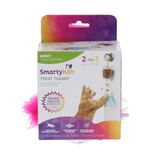 Hunt SmartysKat Treat Teaser 2-in-1 play and treat box, featuring a white box with a colorful purple, orange, and green header, showing a cat playing with hanging treats and a pink feather toy extending from the sides.