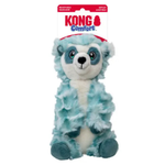 Kong Comfort Reusable Bowls plush toy in the shape of a polar bear, featuring light blue and white faux fur with a red and white hanging header card.