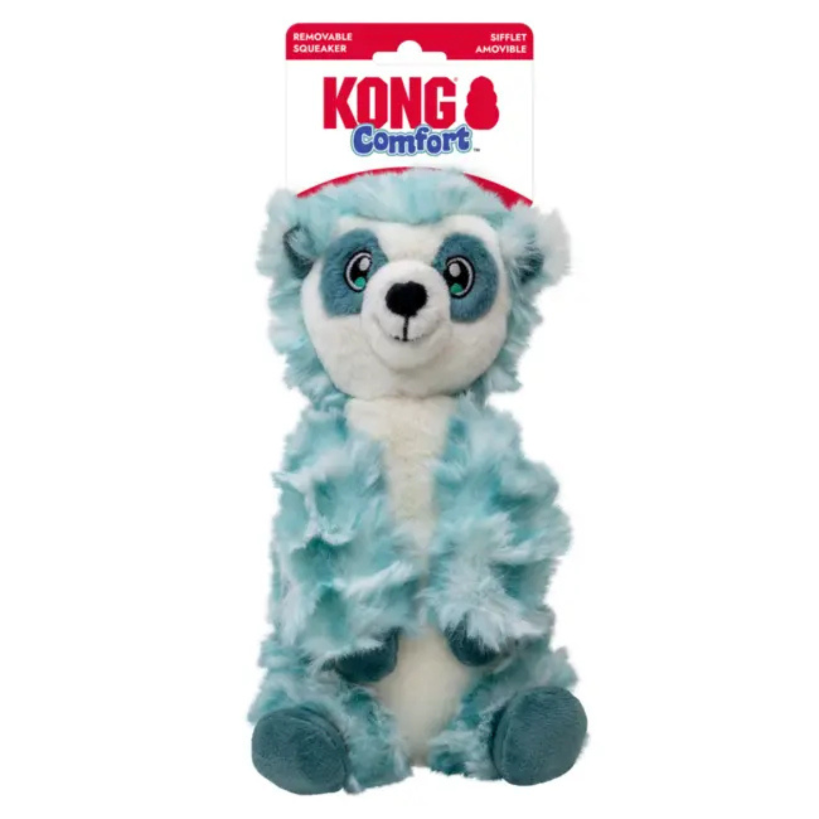 Kong Comfort Reusable Bowls plush toy in the shape of a polar bear, featuring light blue and white faux fur with a red and white hanging header card.