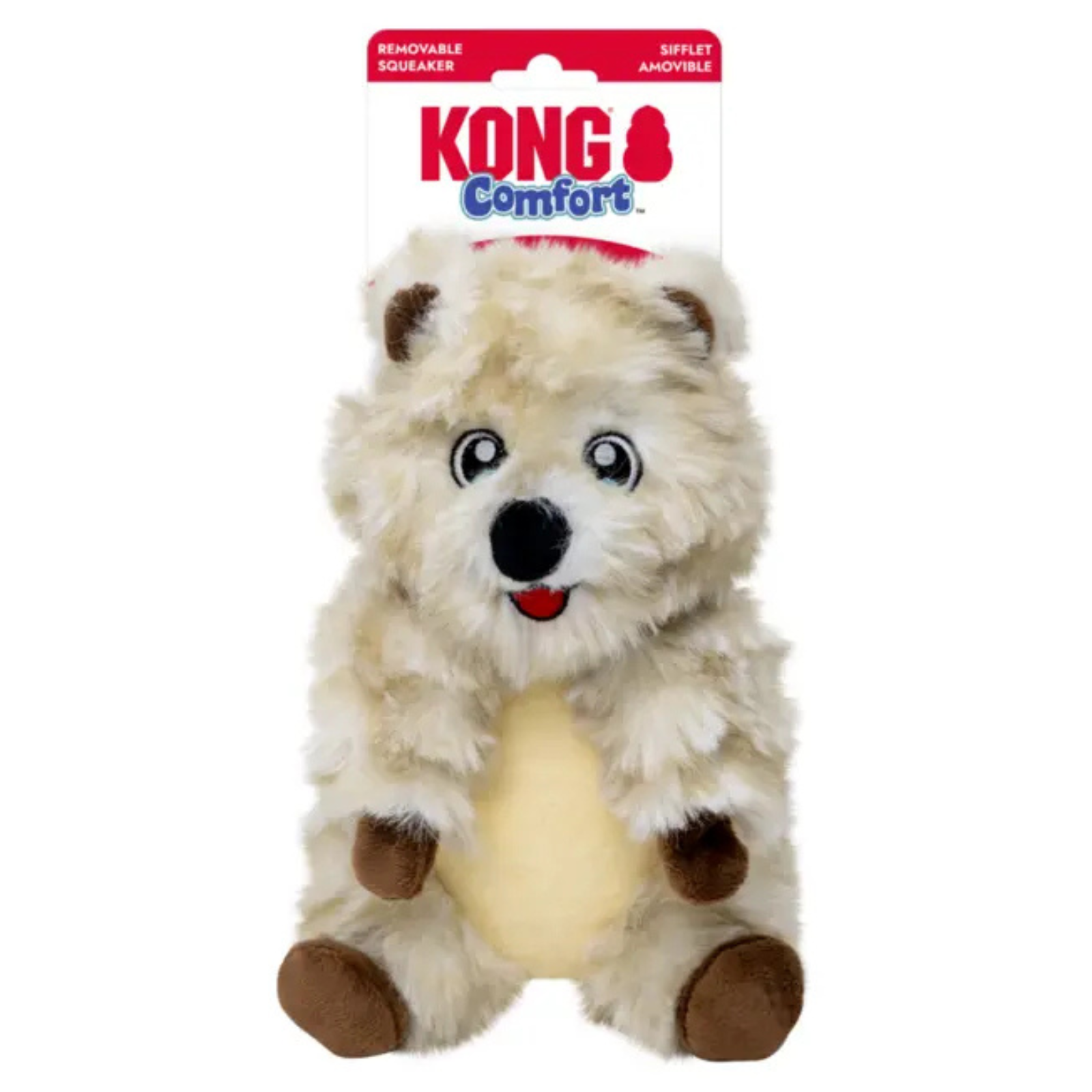 Kong Comfort Reusable Squeaker dog toy in the polar bear shape, shown in its retail packaging against a white background.
