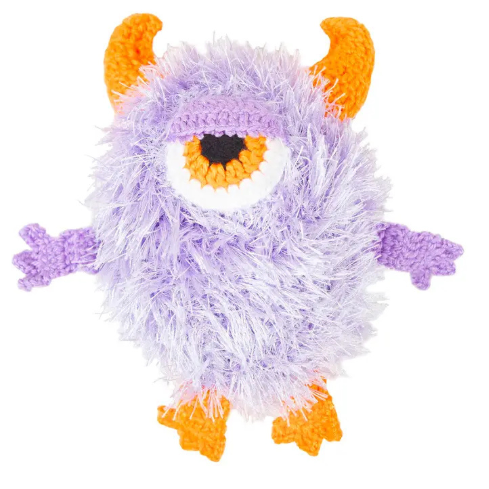 A purple and white fluffy monster plush toy with orange horns, a large white and orange eye, and orange feet, isolated on a white background.