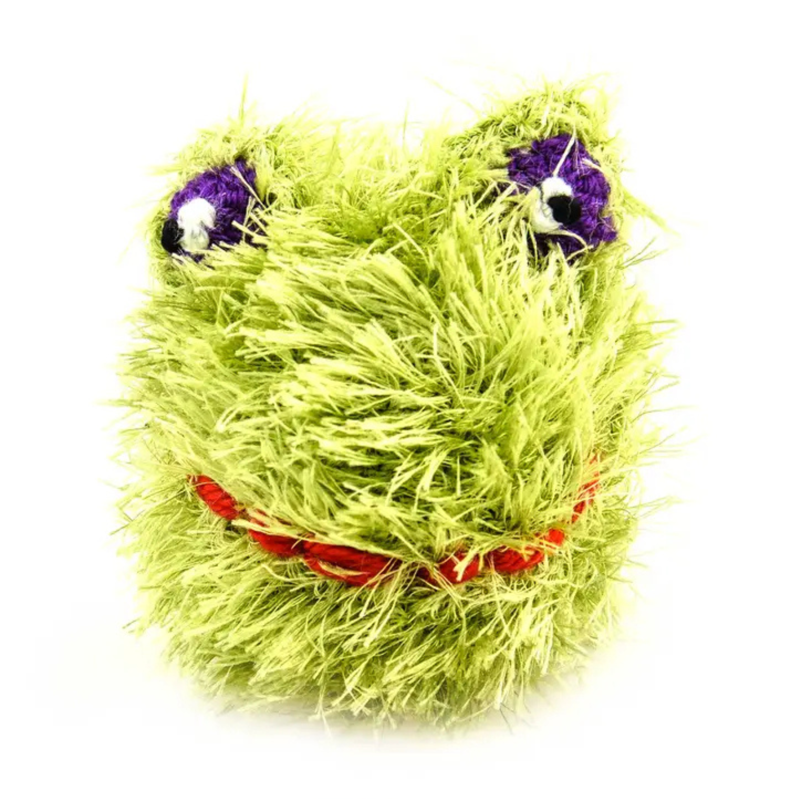 A green furry monster head plush toy with purple embroidered eyes, white inner eyes, and a red stitched mouth, shown on a plain white background.