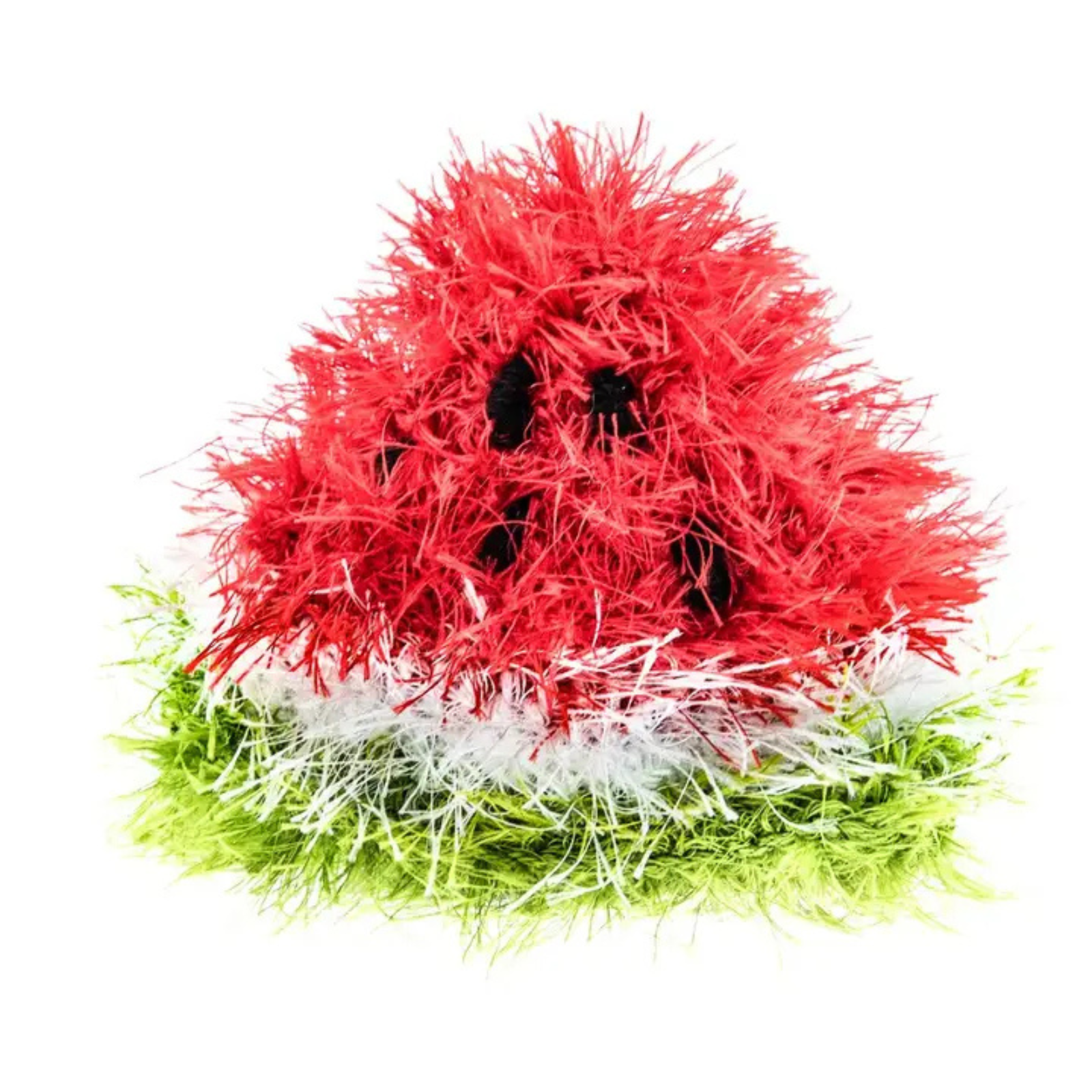 A plush watermelon-shaped pet toy with red shaggy fur, black seed details, and a green rind with white stripes, isolated on a white background.