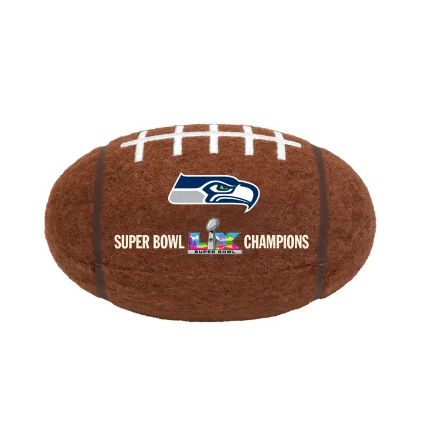 A plush football-shaped pillow featuring the Seattle Seahawks logo and Super Bowl LII Champions text, shown on a plain white background.
