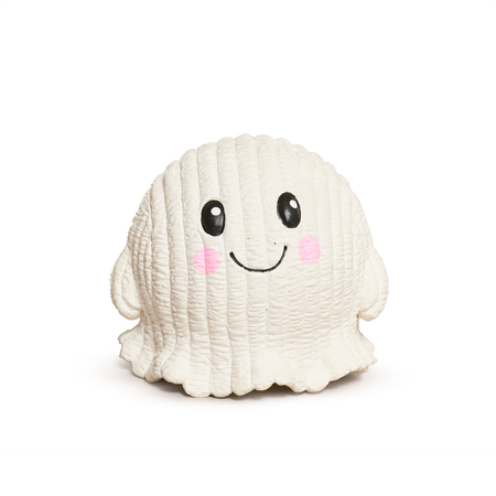 A cute, ghost-like plush toy shaped like a seashell, made of textured cream-colored fabric with a smiling face, black eyes, and pink cheeks, set against a plain white background.