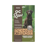 OC Raw freeze-dried dog food package with a dog on a green background
