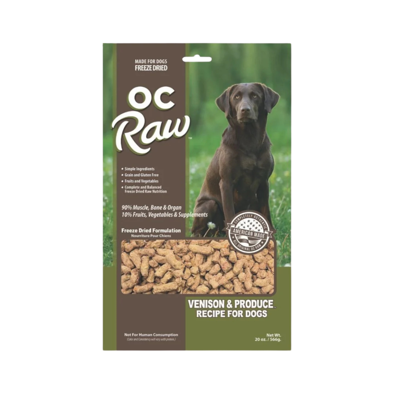 OC Raw freeze-dried dog food package with a dog on a green background