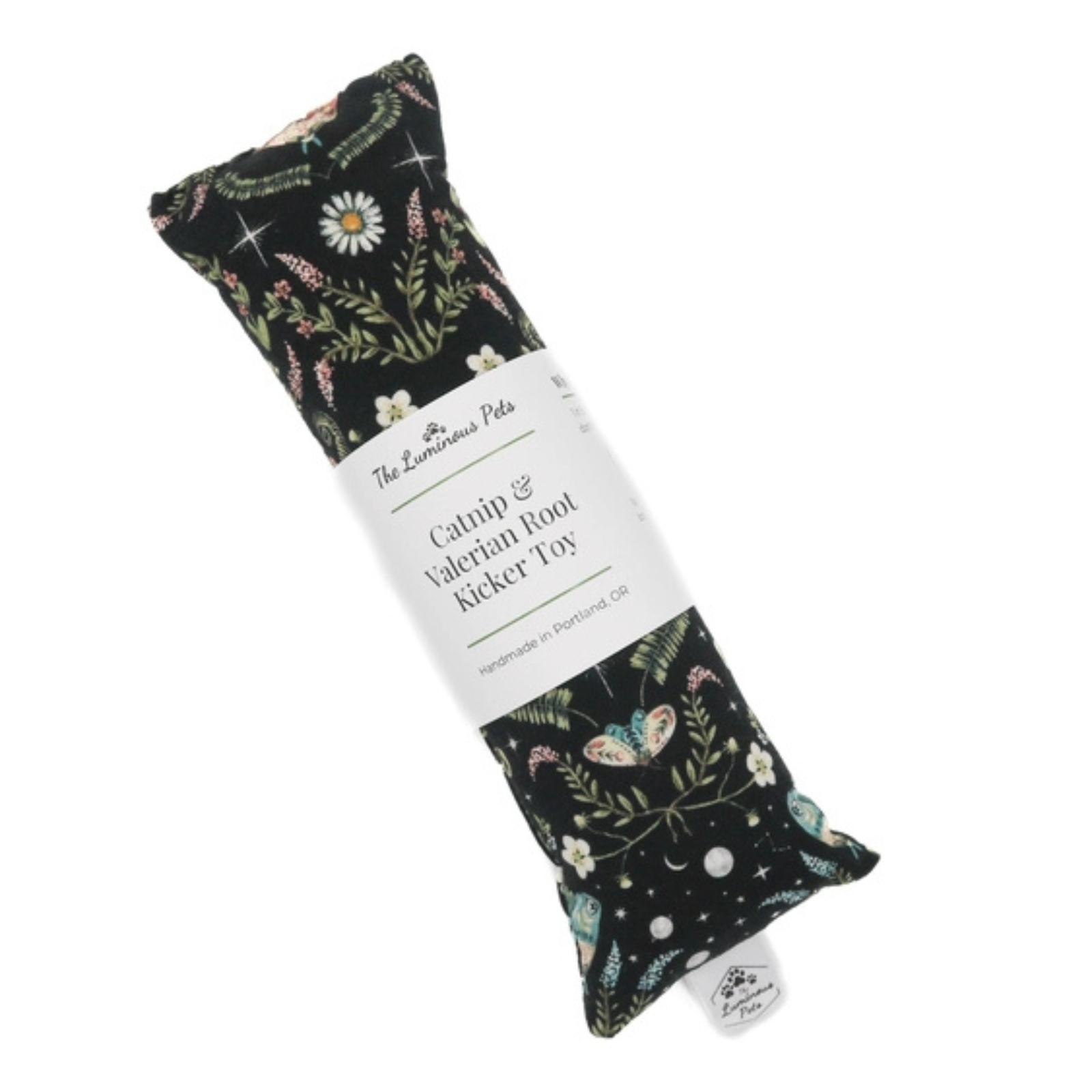 Catnip and valerian root kicker toy with floral pattern on a white background