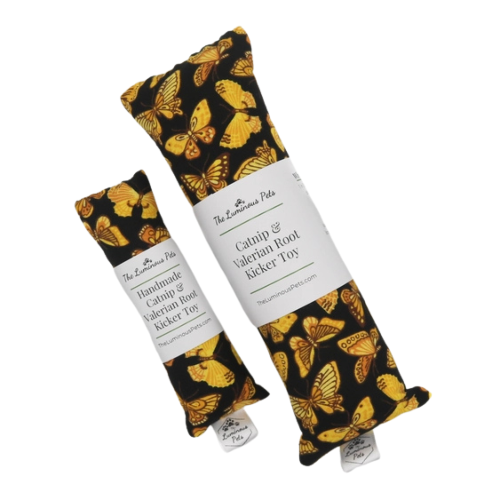 Catnip and valerian root kicker toy with butterfly pattern packaging on a white background