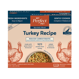 A box of My Perfect Pet Turkey Recipe dry dog food, featuring a beige and orange package design with blue text and red line drawings of turkeys.