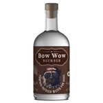 A bottle of Bow Wow Bourbon water-infused water for dogs, featuring a brown label with a cartoon dog wearing sunglasses and a cap, on a white background.