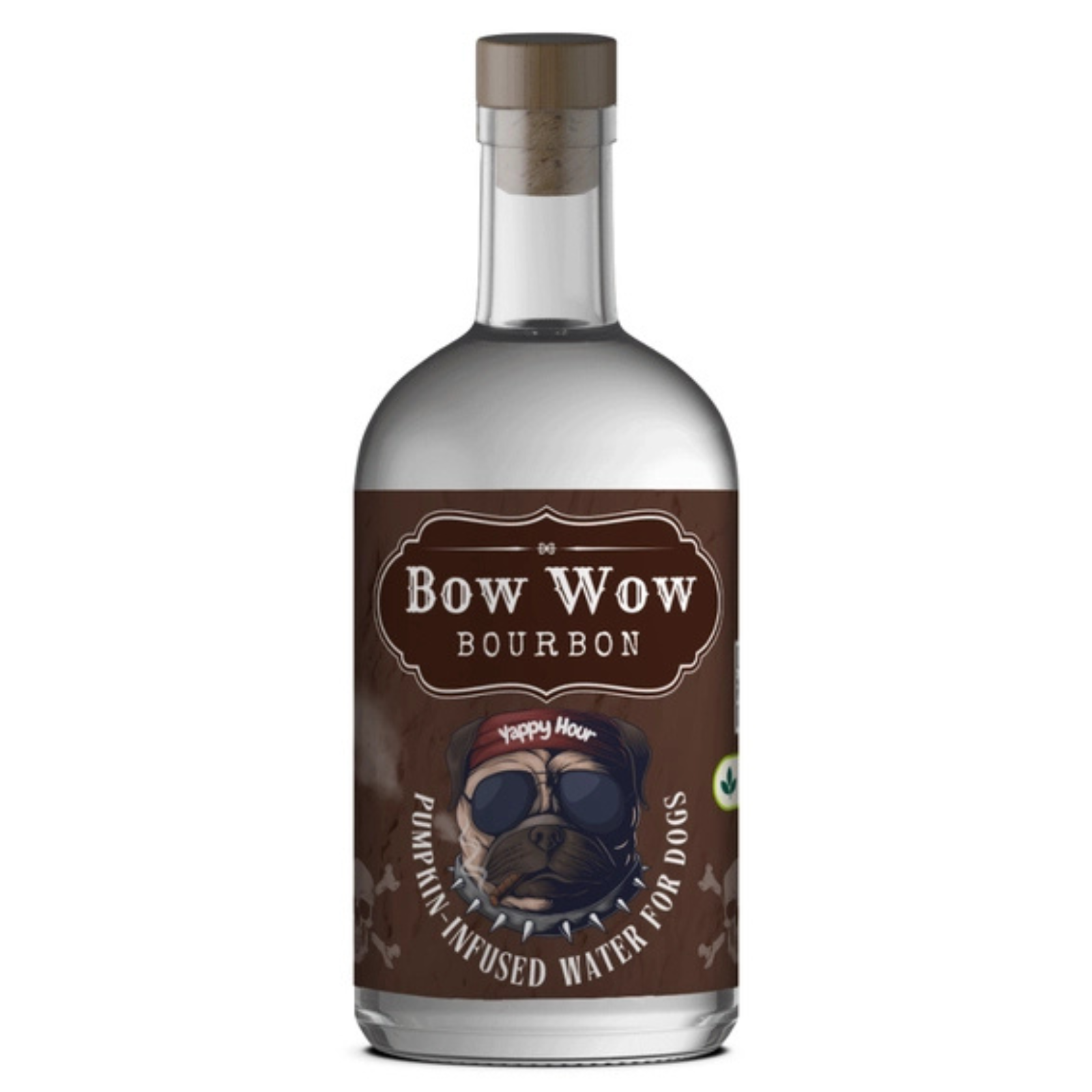 A bottle of Bow Wow Bourbon water-infused water for dogs, featuring a brown label with a cartoon dog wearing sunglasses and a cap, on a white background.
