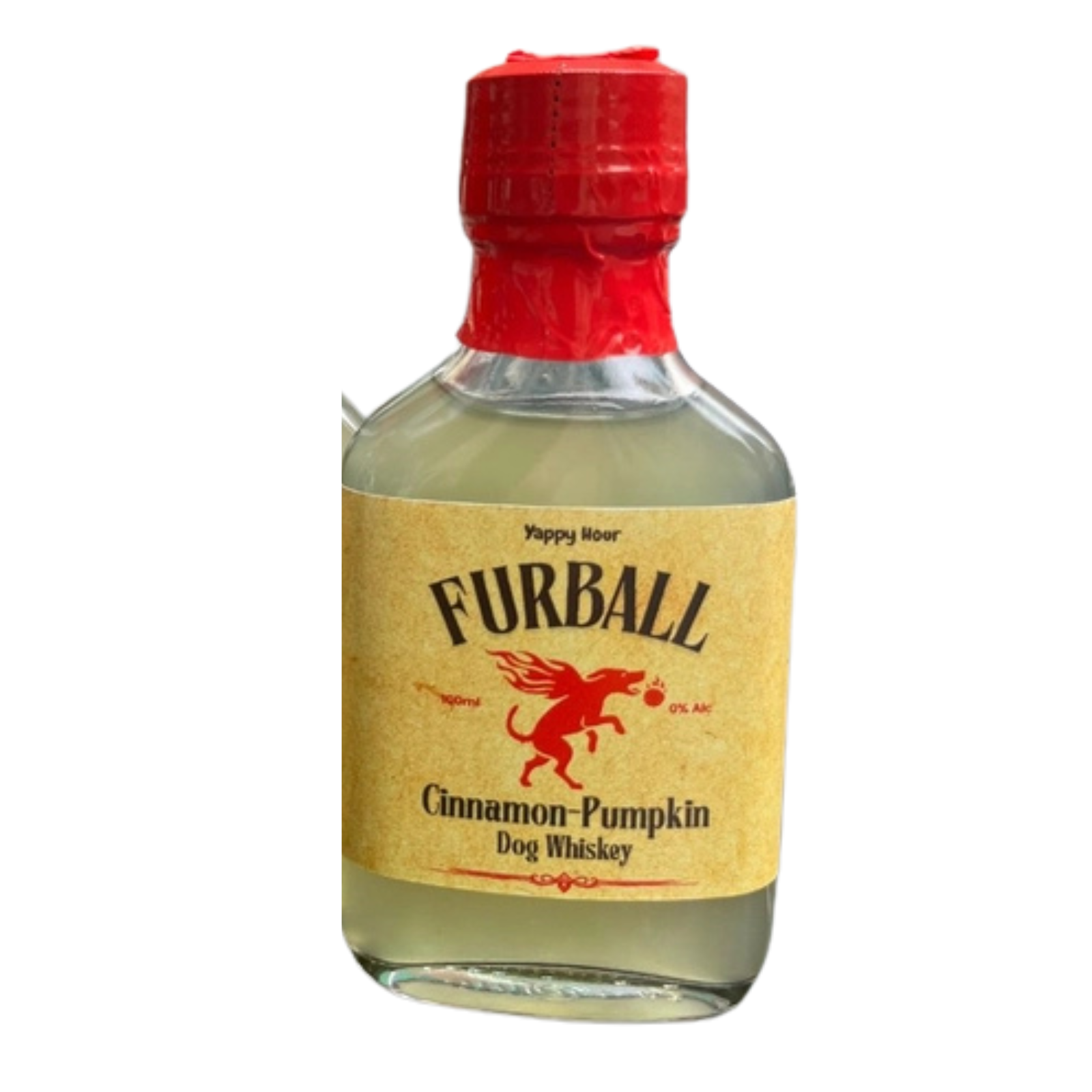 A bottle of Furball Cinnamon Pumpkin Dog Whiskey, featuring a clear glass bottle with a beige label and a red cap, isolated on a white background.